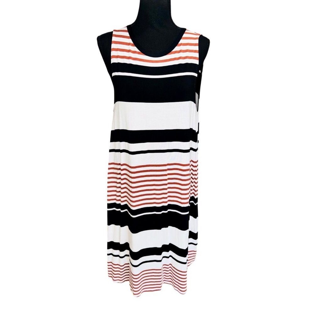 Striped Sleeveless Loft Swing Dress Red Black White Tie Back L Travel Spring